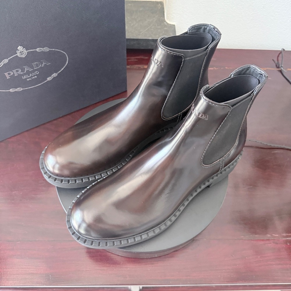 Prada 2TE168 Spazzolato Leather Chelsea Ankle Boots Mens Brown Lug Sole UK8.5 - Picture 9 of 14